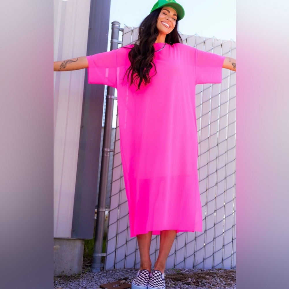 Karma Oversized Mesh Dress + Slip in Electric Pink